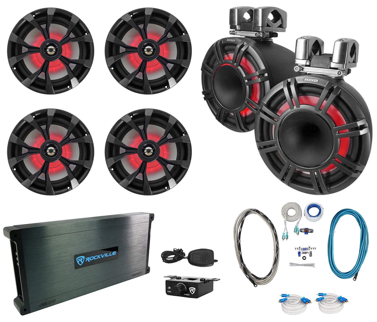 Kicker KMTC11 HLCD 11" Wakeboard Tower Speakers+4 8" LED Speakers+6-Channel Amp
