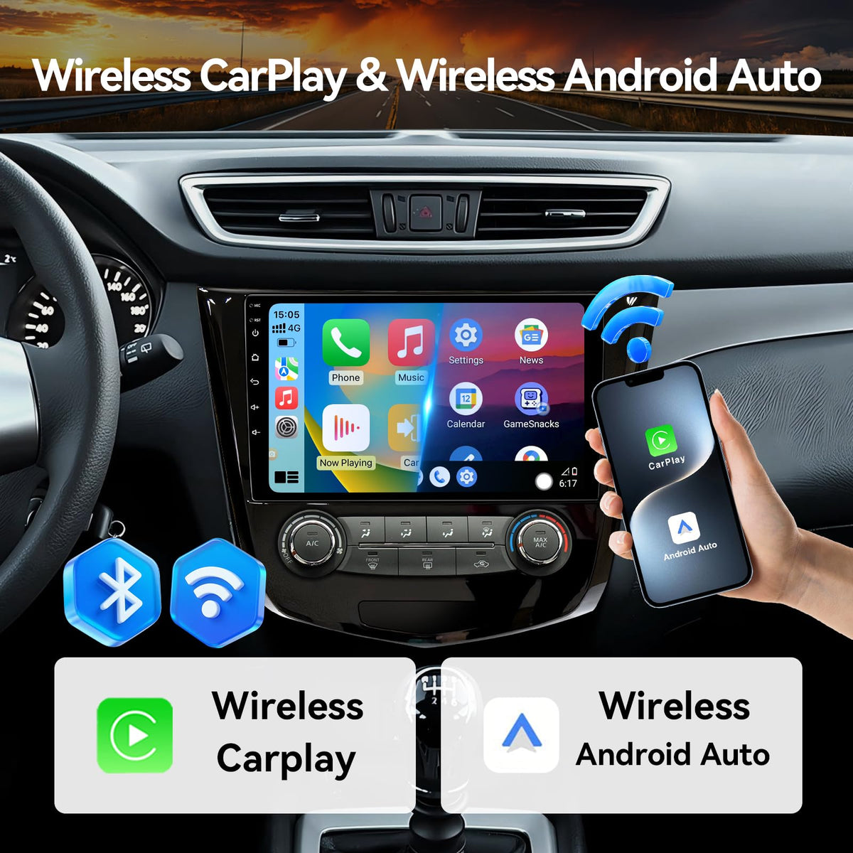 Android 14 Car Stereo Radio Compatible with Nissan Rogue 2014 2015 2016 2017 2018 Manual AC Wireless CarPlay & Android Auto AHD Backup Camera Upgrade 10.1" Touch Screen GPS SWC WiFi Bluetooth 2+64G