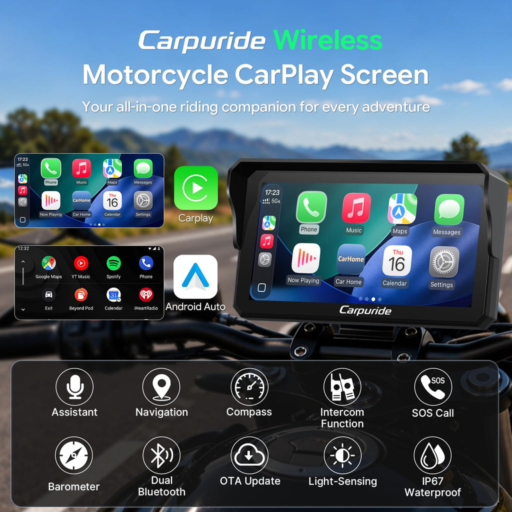 Carpuride W602PRO Motorcycle CarPlay & Android Auto - OTA Updates, Intercom