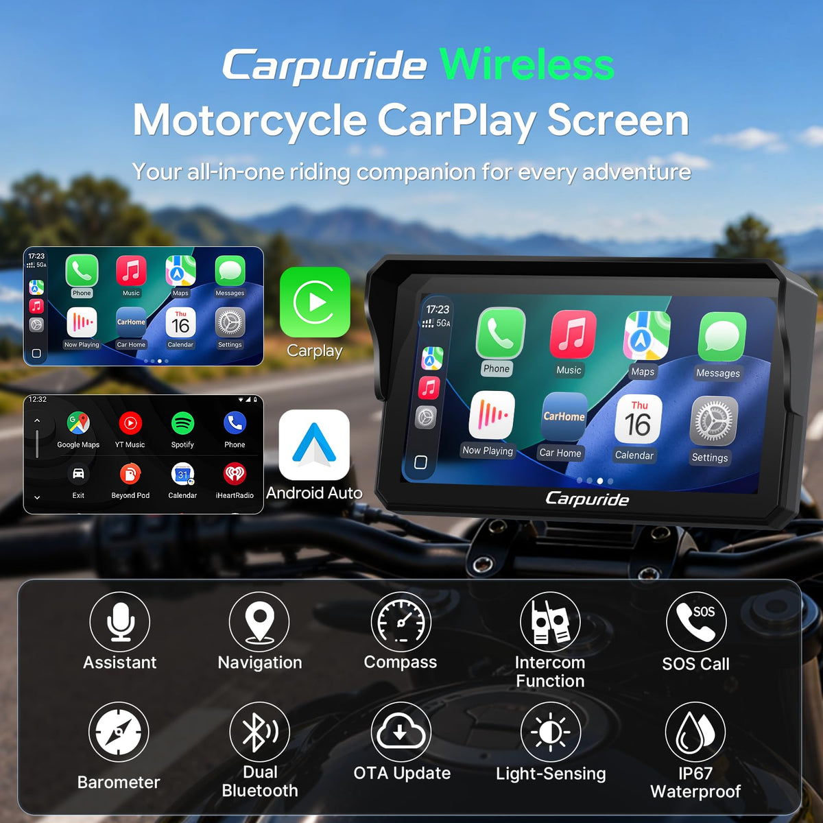 Carpuride W602PRO Motorcycle CarPlay & Android Auto - OTA Updates, Intercom