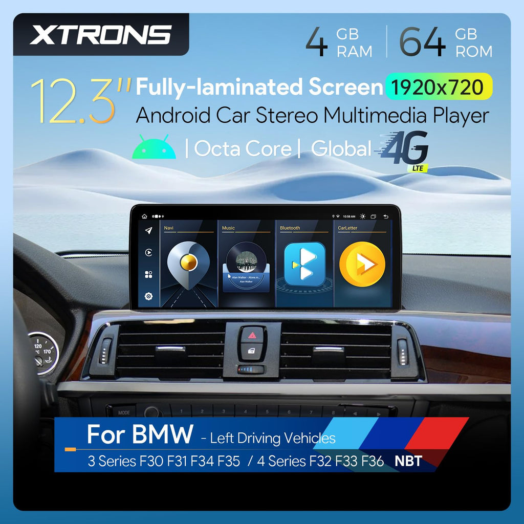 XTRONS 12.3 Inch Android 14 Car Stereo for BMW F30/F31/F32/F33/F34/F35/F36 2013-2016 NBT iDrive 4.0, IPS Touch Screen 4+64GB Global 4G Car Radio GPS Navigation Support Wireless Car Play Android Auto