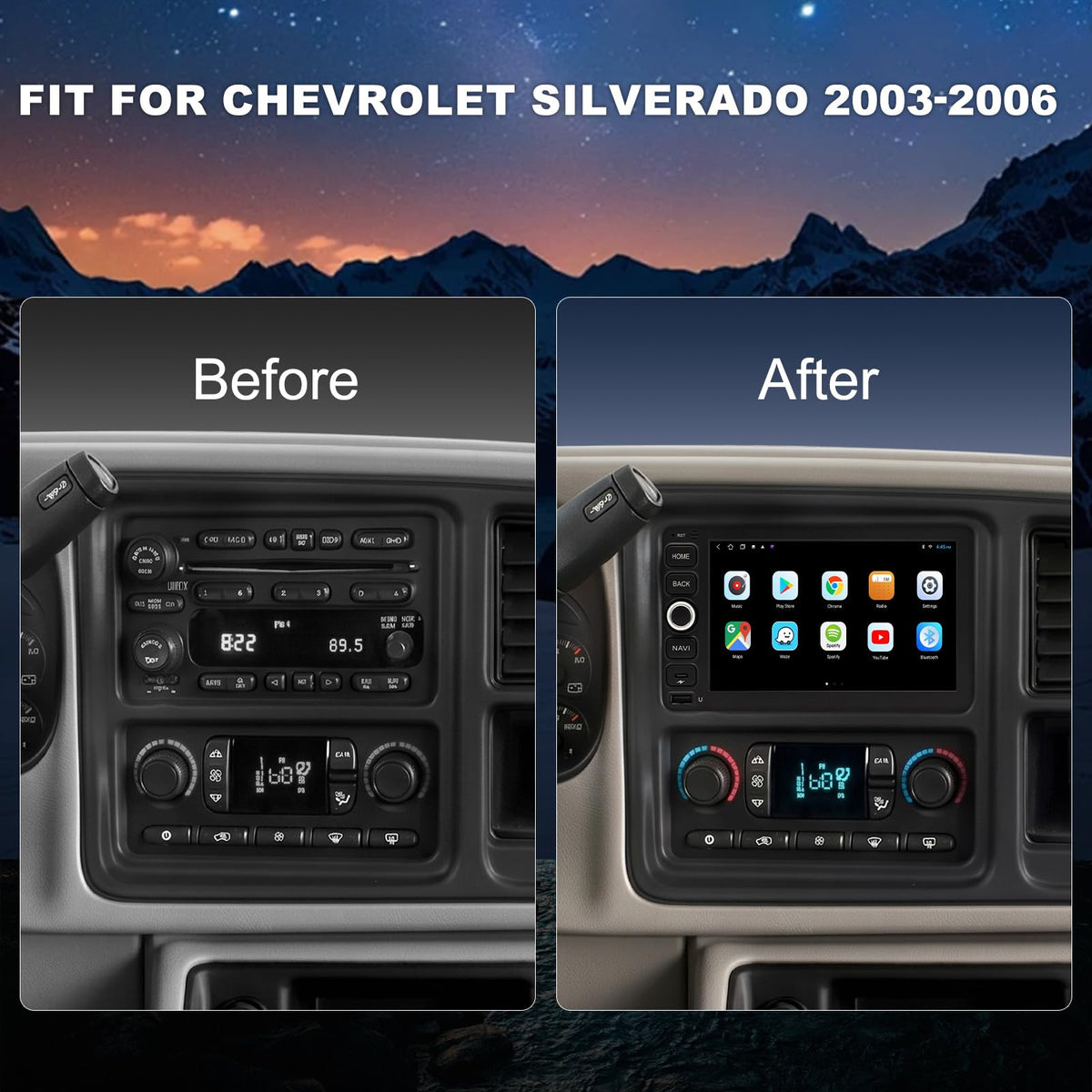 QLED Radio for Chevy Silverado 2003 2004 2005 2006 Touch Screen Stereo Replacement,Wireless Carplay Android Auto, Free Camera