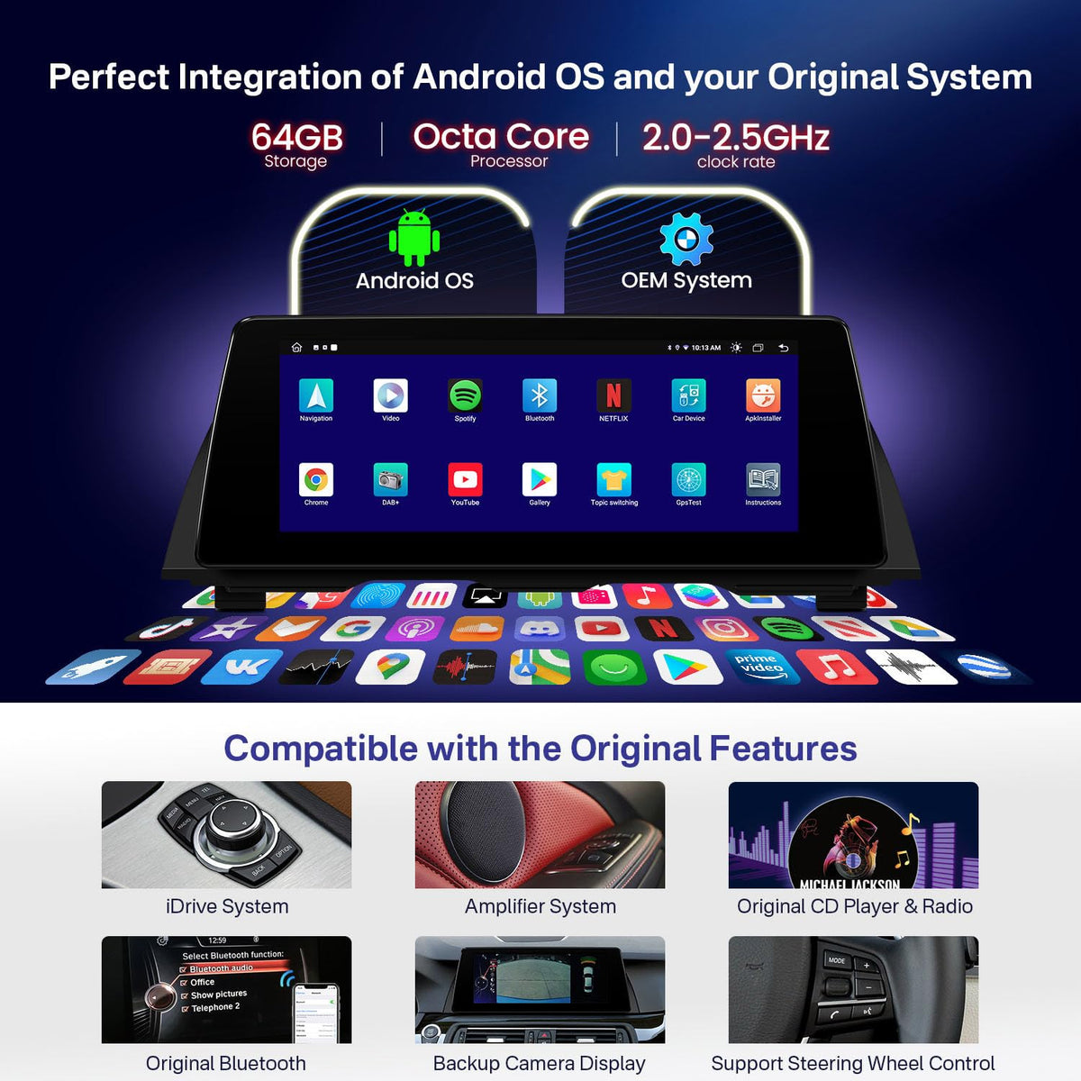 XTRONS 10.25 Inch Android 14 Car Stereo for BMW 5 Series F10/F11 (2013-2016) NBT System, IPS Touch Screen GPS Navigation Support Wireless CarPlay Android Auto (2+64GB)