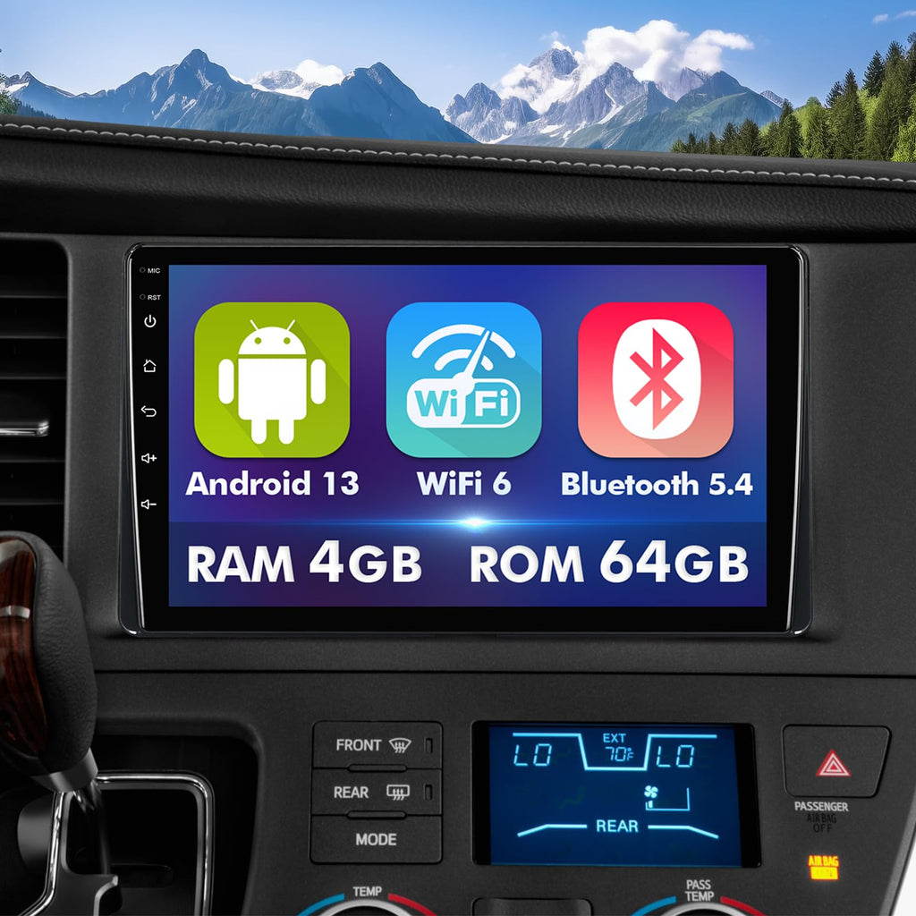 9 Inch IPS Touchscreen Android 13 Car Stereo for Toyota Sienna 2015-2018 with Wireless CarPlay & Android Auto 4+64GB Car Radio, Support GPS, WiFi 6, Bluetooth,5.4, FM, Backup Camera, SWC, Dual USB