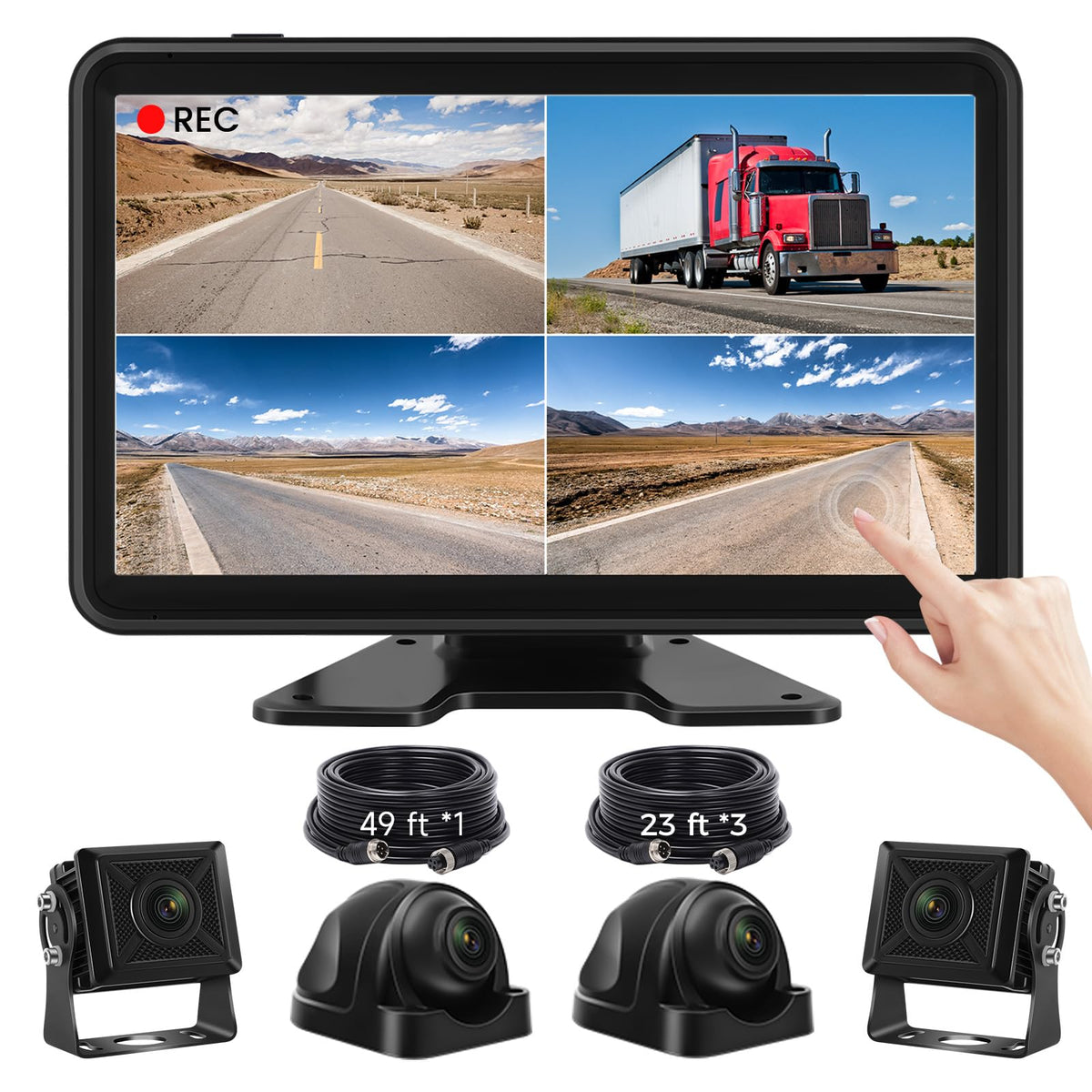Wired Backup Camera System with 10.1" Touch Monitor, 4 HD 1080P Rear View& Side View Cameras, 4 Split Screen, Night Vision, IP68 Waterproof Back up Camera for Truck/RV/Trailer/Bus/Tractor..