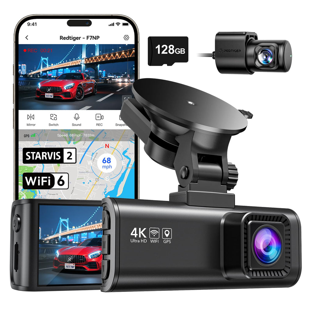 REDTIGER F7NP Dash Cam & Acc Hardwire Kit, 4K Starvis 2 Dash Camera for Cars with Built-in GPS WiFi and Included Memory Card