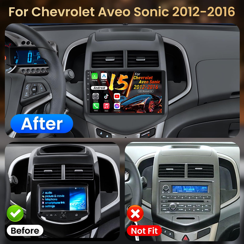 8Core 4+64GB Android 15 Radio for Chevy Sonic Aveo 2012-2016: 9 Inch 1280 * 800 IPS Touch Screen with Wireless Carplay Android Auto 5G WiFi Bluetooth 1080P Backup Camera GPS Navigation SWC FM/AM/DSP