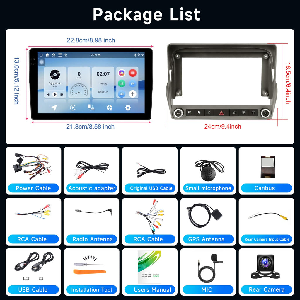 [4G+64G] Android Car Stereo for Chevy Camaro 2008-2015, Wireless Carplay &Android Auto 9 Inch Touch Screen Radio, GPS, Double Din, Mirror Link, Bluetooth, DSP, EQ, WiFi, FM RDS, Camera