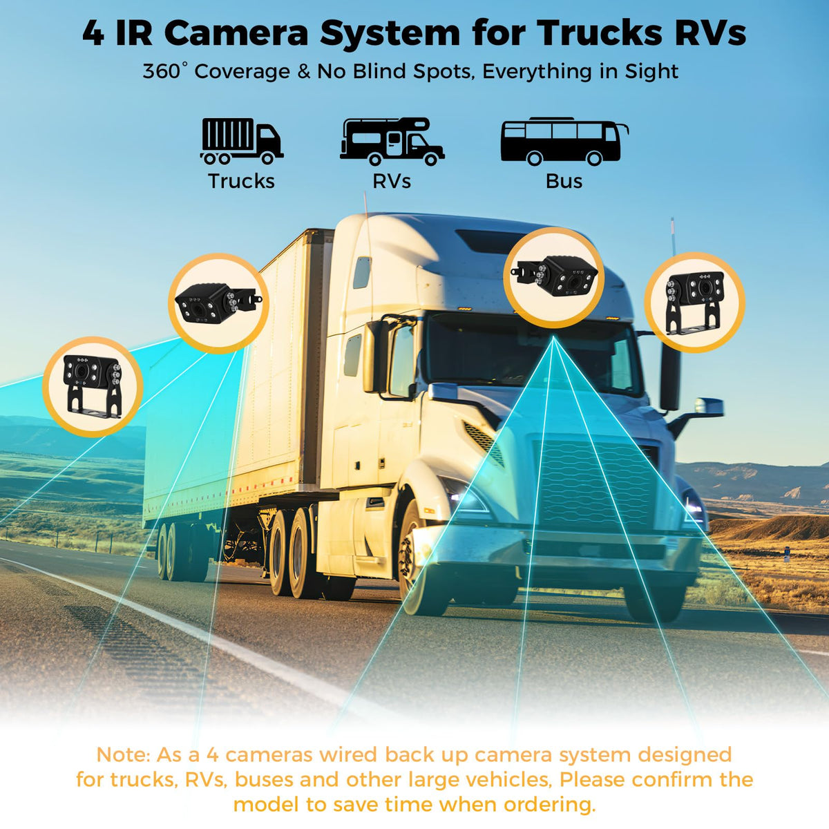 Truck RV Camera System with CarPlay & Android Auto,10.36'' Touch Screen with Recording & Voice Control & Navigation, 4 HD1080P IR Wired Rearview Backup Camera for Semi Trucks, RVs, Trailers