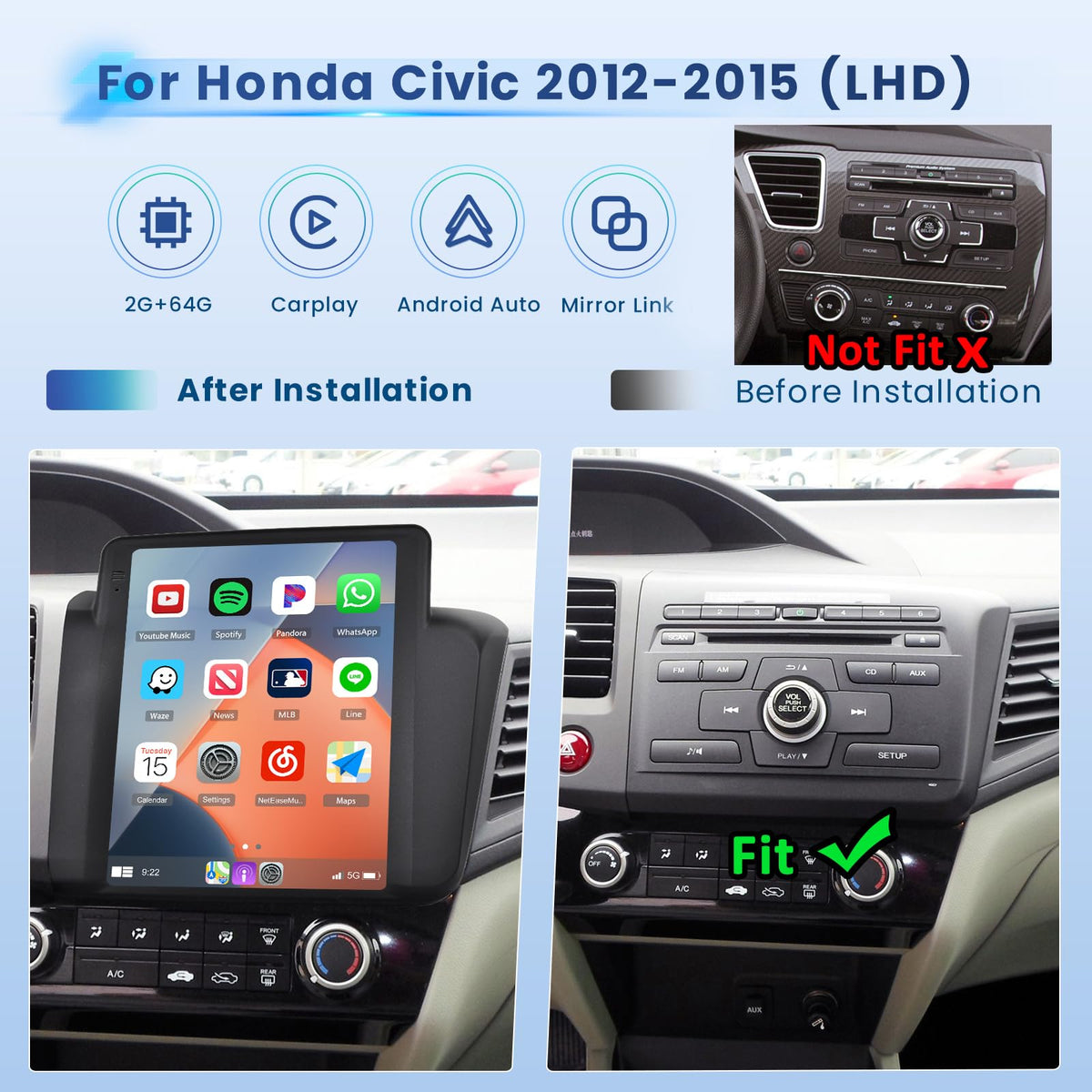 Inefala 9.7" Stereo for Honda Civic 2012 2013 2014 2015 Android 15 CarPlay
