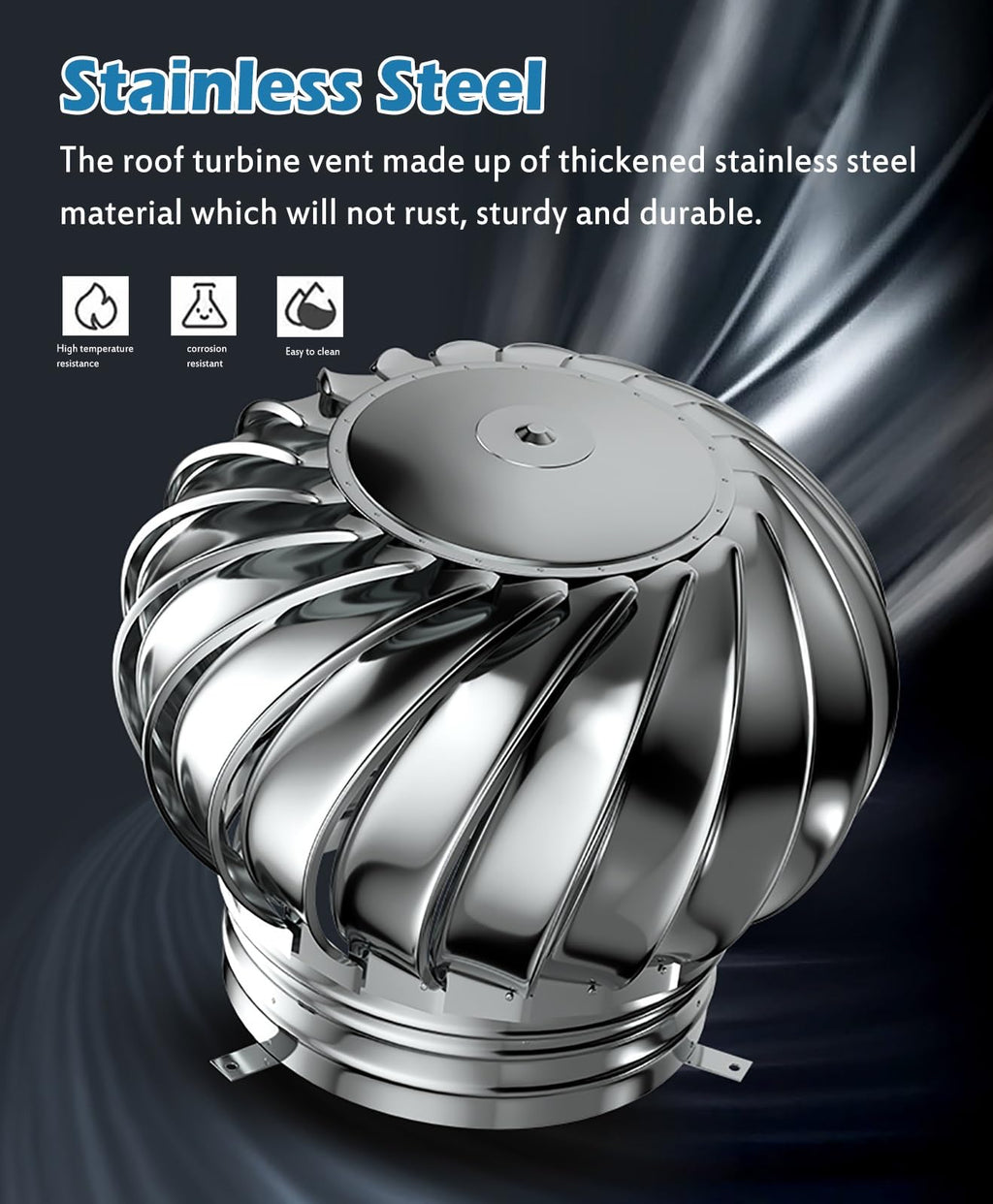 Attic Air Vent Ventilating Fan Roofing Wind Turbine, 304 Stainless Steel Non Power Roof Ventilator Fan for Houses Factory, Fireplace Chimney Cap,160MM/6.2IN