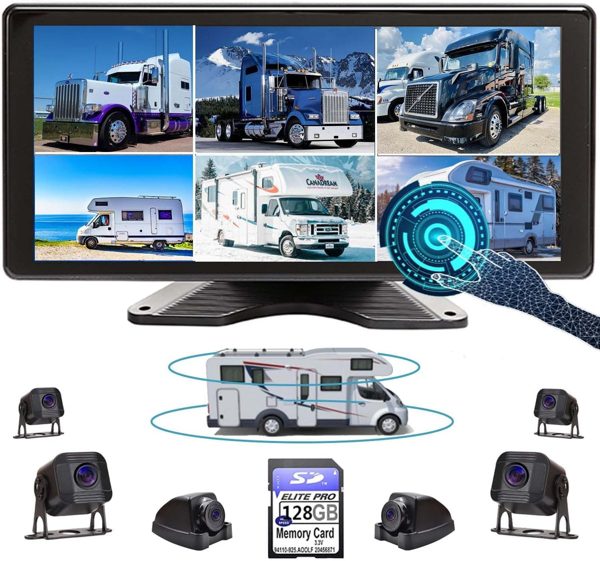 11-Inch 6 Split Touchable 128GB Large Audio Screen 1080P Backup Camera Monitor & Built-in DVR Video Recorder for RV Truck Trailer Rear Side Front Reversing View Wired System Image Waterproof DCM06