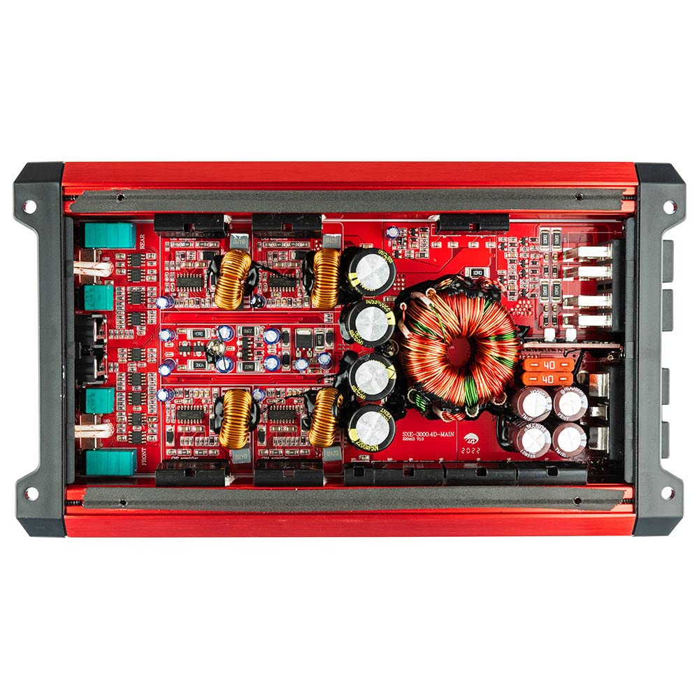 DS18 SXE-3000.4D/RD Car Amplifier Stereo Full-Range Class D 4-Channel 200x4 RMS @4 OHM 3000 Watts - Powerful and Compact Amp for Speakers in Car Audio System (Renewed), RED