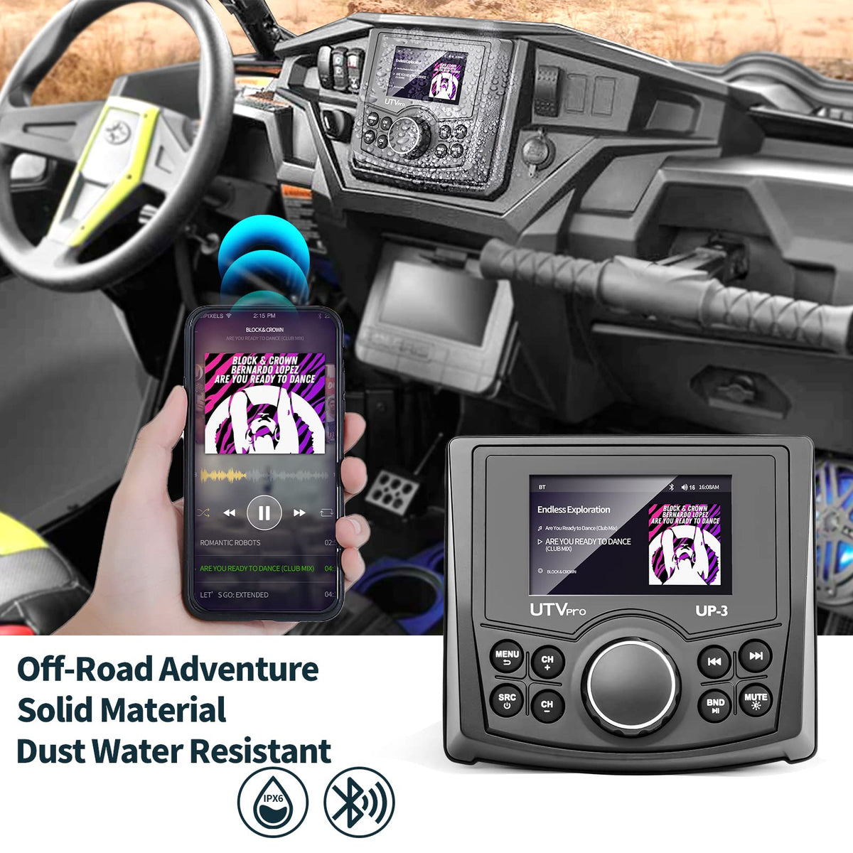 Powersports UTV Stereo AM/FM with Bluetooth Streaming 3 Zone, Compatible to Rear View Camera, External Amplifier Switch on/Off