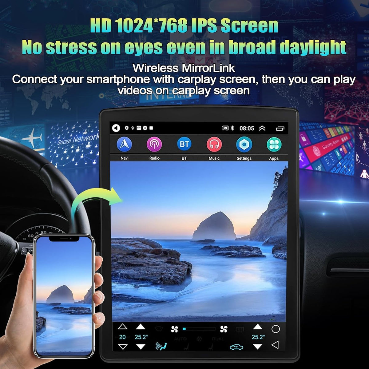 Android 15 Car Stereo Radio for Hyundai Sonata 2011-2015 9.7inch Touchscreen with Wireless Carplay Android Auto GPS Navigation, WiFi, Bluetooth, FM/RDS Radio, HiFi, SWC+Rear Camera (2+32G)