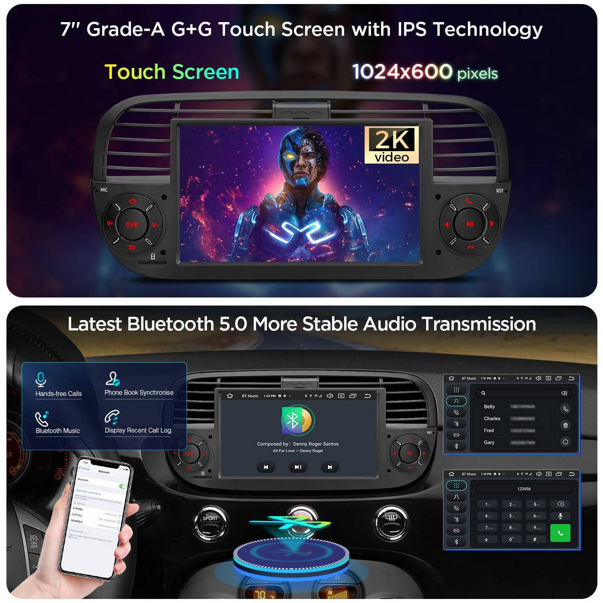 XTRONS Android 14 Car Stereo for Fiat 500 (2007-2015), 7 Inch Touch Screen Fiat 500 Replacement Head Unit with Gyroscope Built-in DSP GPS Navigation CarPlay Android Auto 4G LTE Bluetooth (4+64GB)