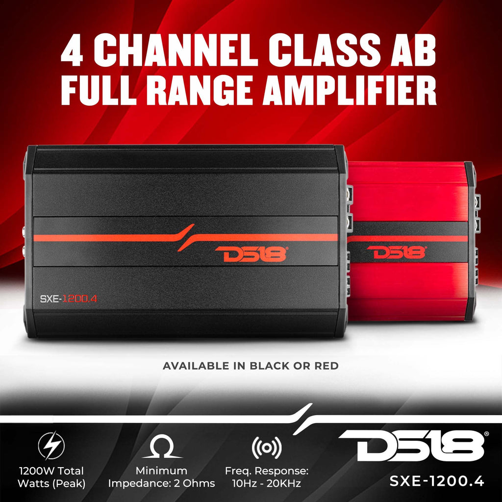 DS18 SXE-1200.4/BK 1200W 4-Channel Class A/B Car Amplifier + AK4 4 Gauge Amplifier Wiring Kit Bundle – Complete 1200W Car Audio Upgrade Package