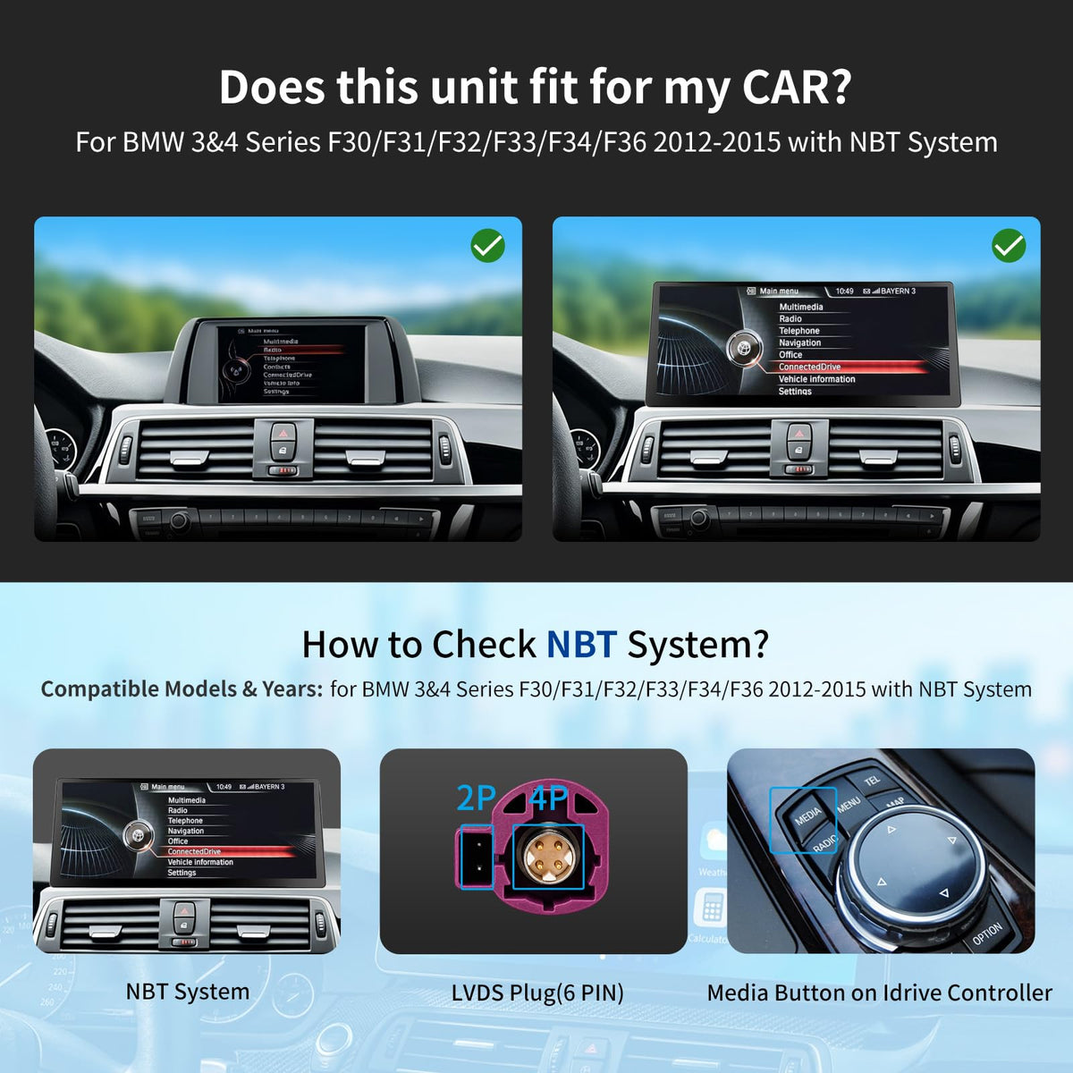12.3 Inch Touch Screen Car Stereo with Bluetooth for BMW 3 4 Series F30 F31 F32 F33 F34 F36 2012-2016 with NBT System Wireless Carplay/Android Auto/Mirrorlink Siri