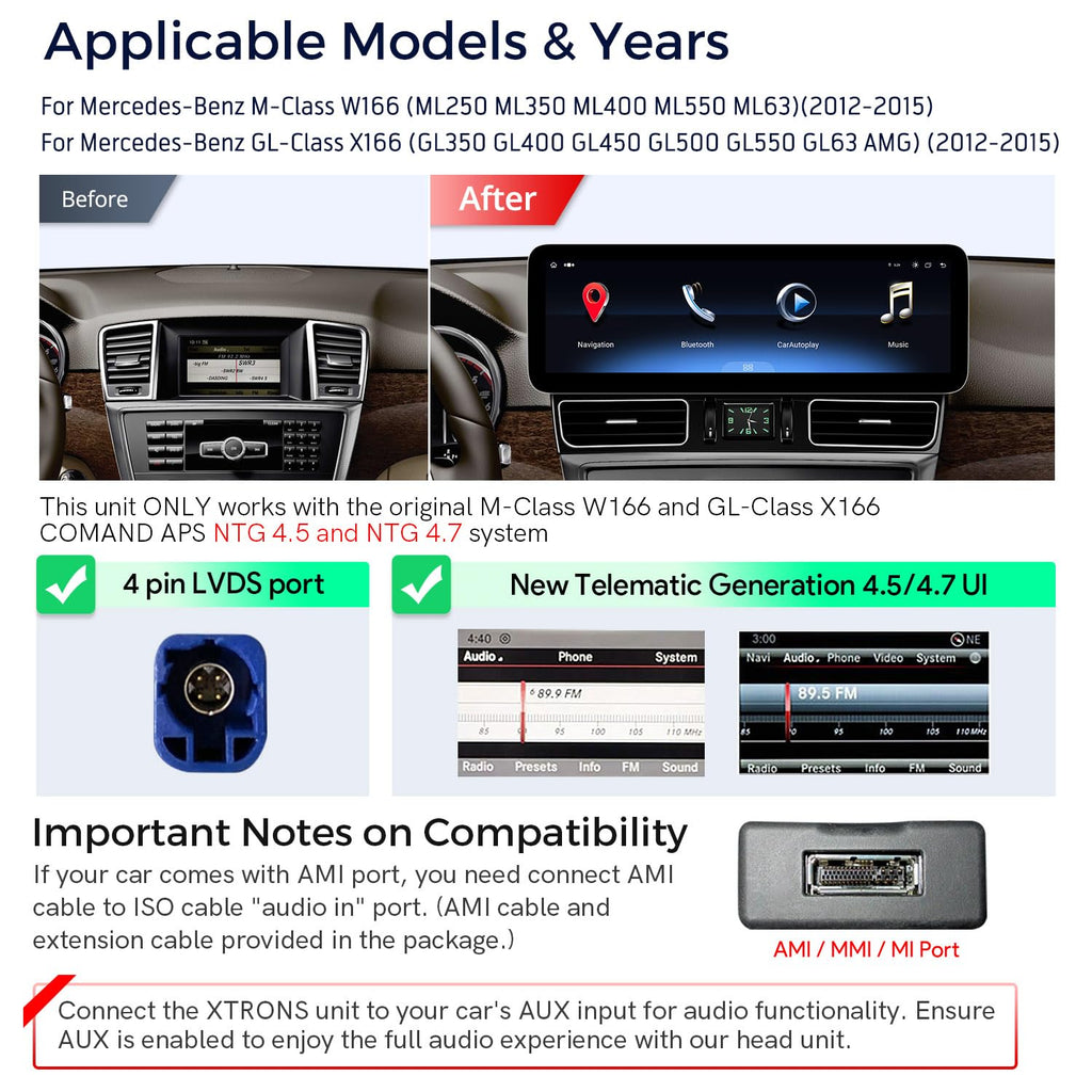 XTRONS 14.9 Inch Android 14 Car Stereo for Mercedes-Benz M-Class W166 GL-Class X166 2012-2015 NTG 4.5/4.7 System, 2K IPS Anti-Glare Touch Screen GPS Navigation Support Wireless CarPlay Android Auto 4G