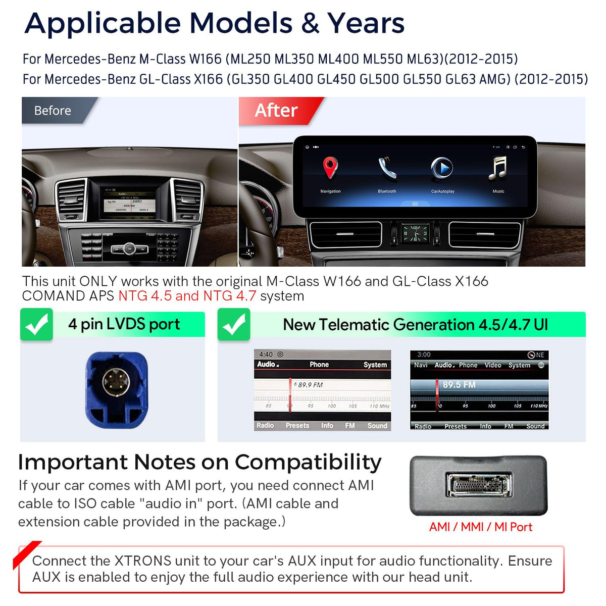XTRONS 14.9 Inch Android 14 Car Stereo for Mercedes-Benz M-Class W166 GL-Class X166 2012-2015 NTG 4.5/4.7 System, 2K IPS Anti-Glare Touch Screen GPS Navigation Support Wireless CarPlay Android Auto 4G