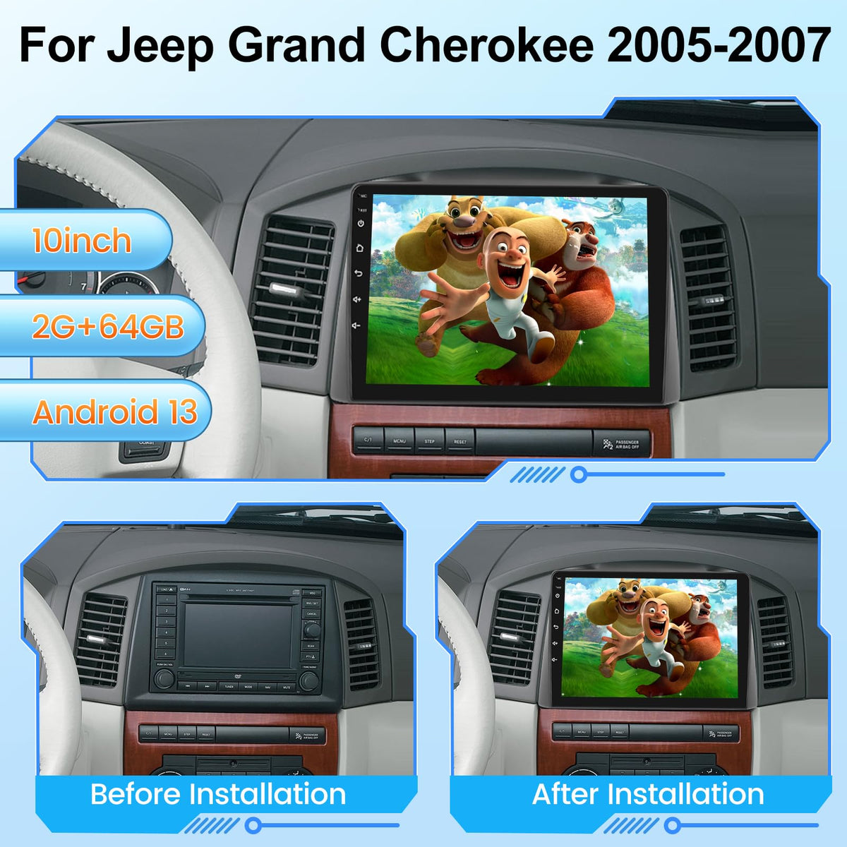 [2+64G] Car Stereo for Jeep Grand Cherokee 2005 2006 2007, 10.1 Inch Touchscreen Android Radio - Wireless Carplay & Android Auto, DSP/EQ, 5G/WiFi, GPS, Multi UI, SWC + Backup Camera + Canbus