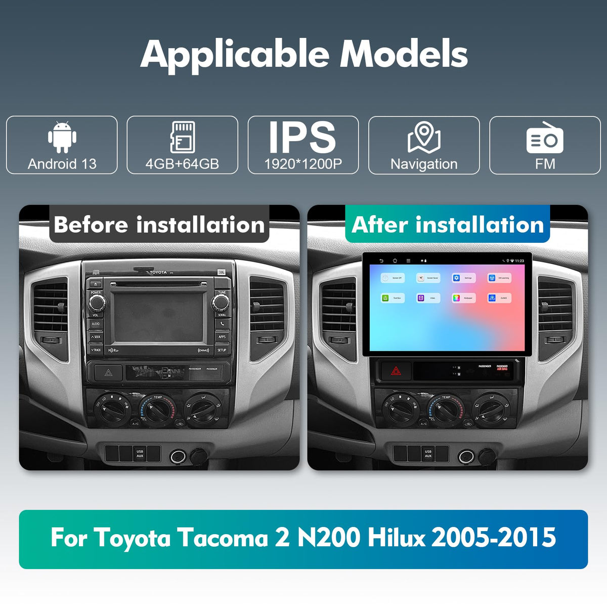 4+64G 11.5-inches Android 13 WiFi 6 Car Stereo for Toyota Tacoma 2005-2013 Touchscreen Screen Bluetooth 5.4 Car Radio with Carplay & Android Auto Support Backup Camera FM, Navigation, SWC