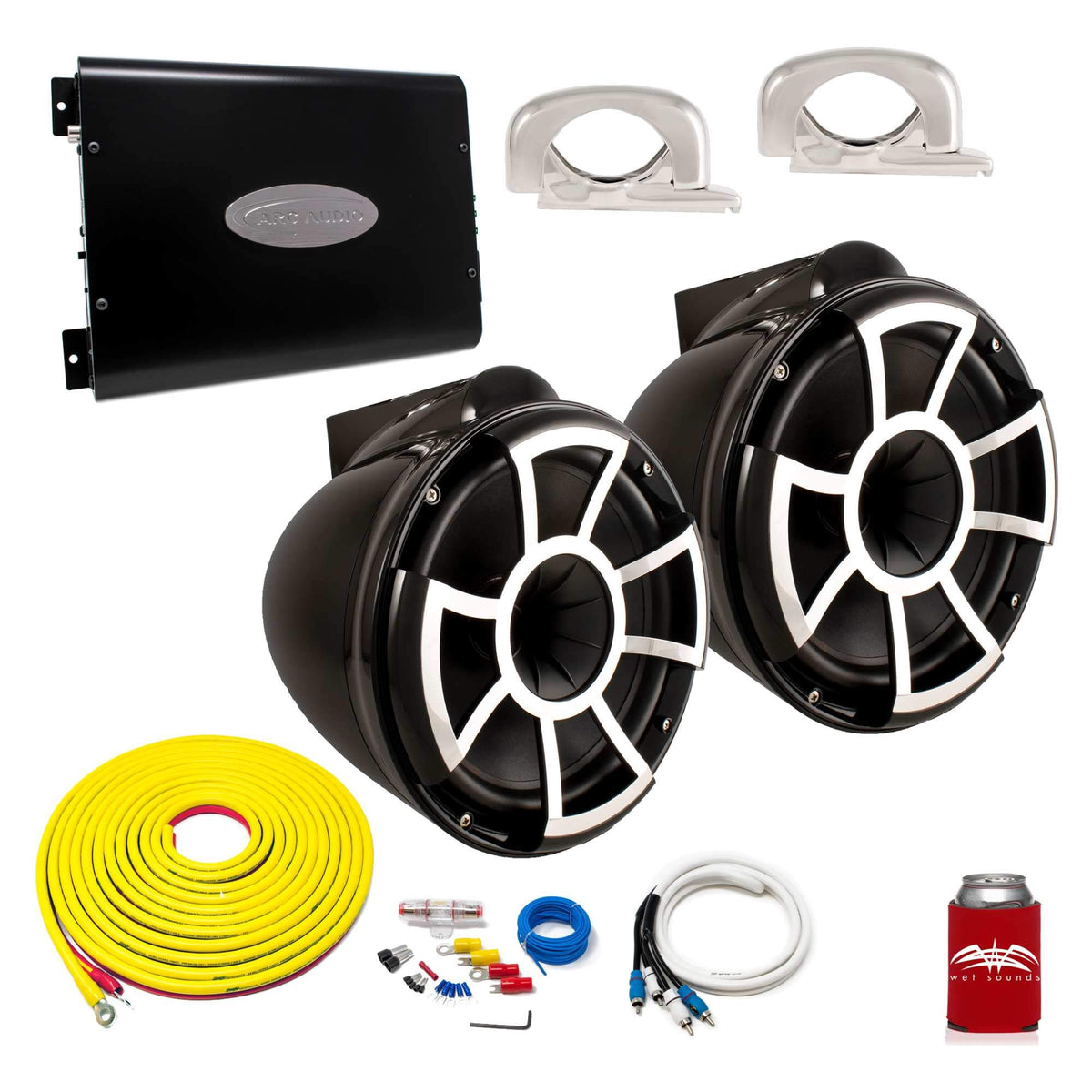 Wet Sounds REV10B-FC Black 10" Tower Speakers with Arc Audio KS-600.2 Amplifier with Wiring Kit