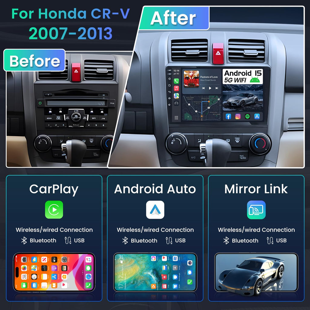 Upgrade 8 Core 4G+64G Car Radio Stereo for Honda CRV 2007-2011:9" 1280 * 800 HD Touch Screen Head Unit, Wireless Carplay Android Auto 5G WiFi Bluetooth AM FM GPS Backup Camera SWC