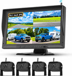 4 Channel IPS Blind Spot Warning Car Backup Camera Monitor Wireless Camera, 10.1 Inch IP68 Waterproof Night Vision Camera Systems for Truck/RV/Trailer Pickup, Quad Split Screen Loop Record