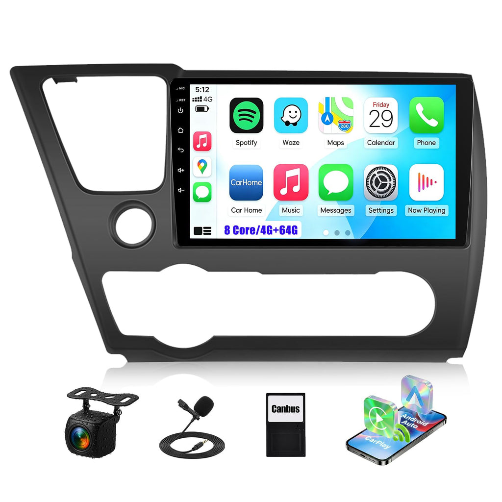 SIXTOP 4G+64G Android Car Stereo Radio for Honda Civic 2013-2017 Wireless CarPlay Android Auto Bluetooth 5.0 GPS 9 Inch HD Touch Screen WiFi FM/RDS Type-C 32EQ SWC AHD Backup Camera