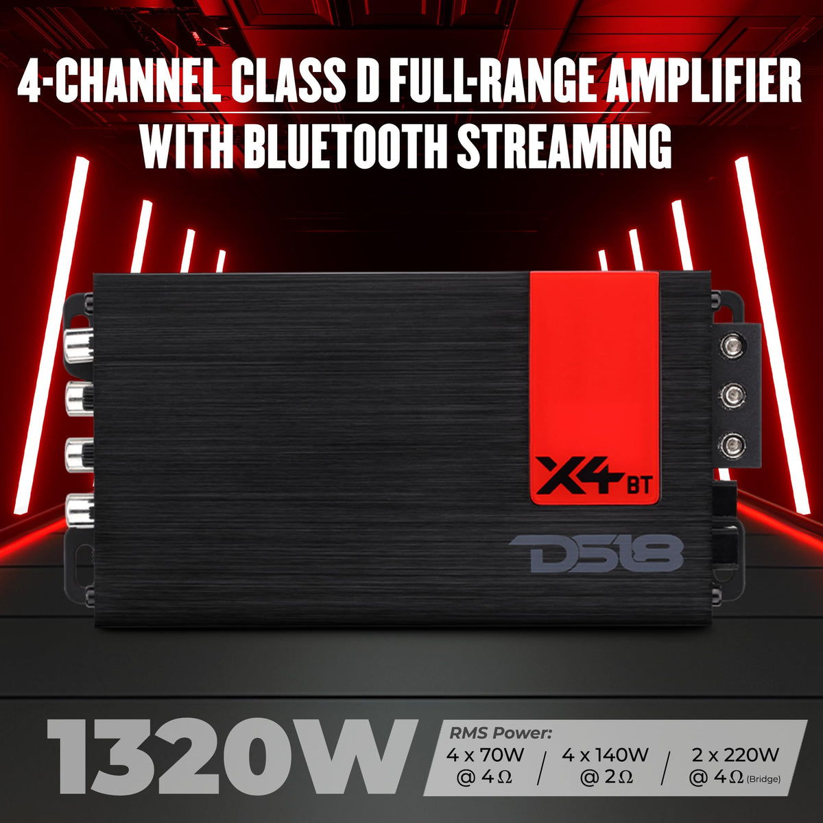 DS18 X4BT 4-Channel Bluetooth Amplifier with Bluetooth 5.1 Streaming Built-in – Ultra Compact Class D Full-Range Amp, Play Music Wirelessly from Your Phone, 4 x 70W Rms, Motorcycle & Car Audio