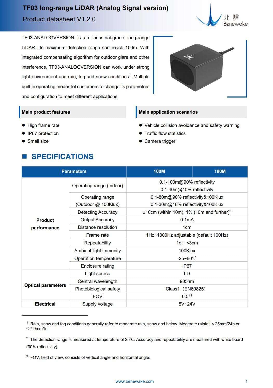 BENEWAKE TF03-100 Industrial Long Range LiDAR Sensor Laser Radar, 100m Measurement IP67 Waterproof, UART/RS232/RS485/CAN Interface, for UAV, Industrial Safety and Traffic Flow Detection (UART)
