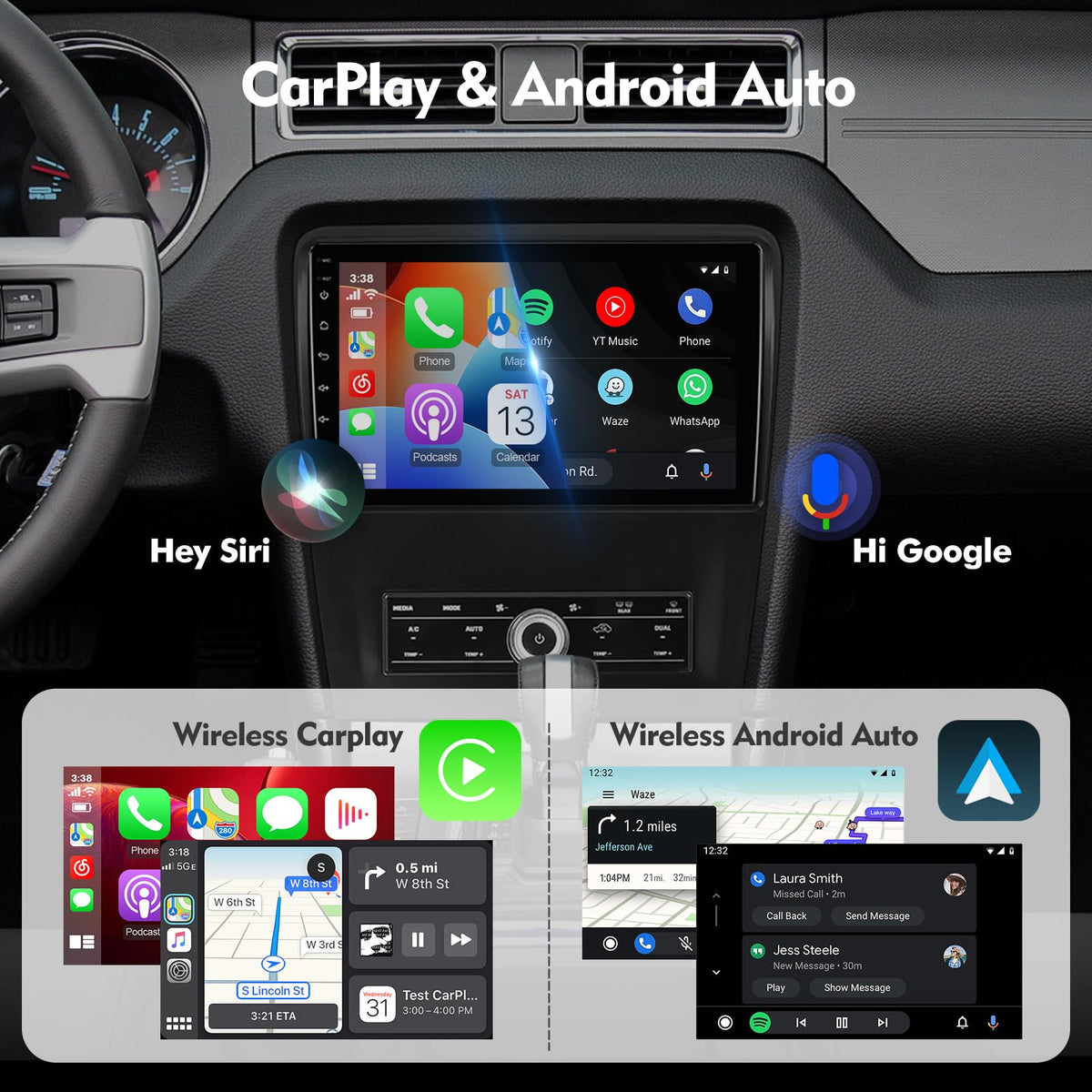 10.1 Inch IPS Touchscreen Android 13 Car Stereo for Ford Mustang 2010-2014 with Wireless CarPlay & Android Auto 2+32GB Car Radio, Support GPS, WiFi 6, Bluetooth,5.4, FM Radio, Backup Camera, Dual USB