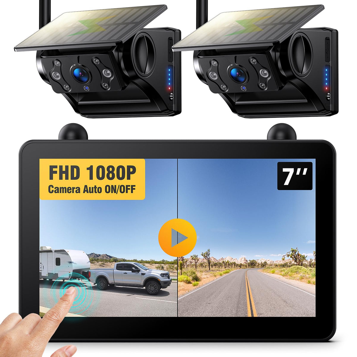 2 Magnetic Solar Wireless Backup Cameras 7" Touchscreen IPS Monitor