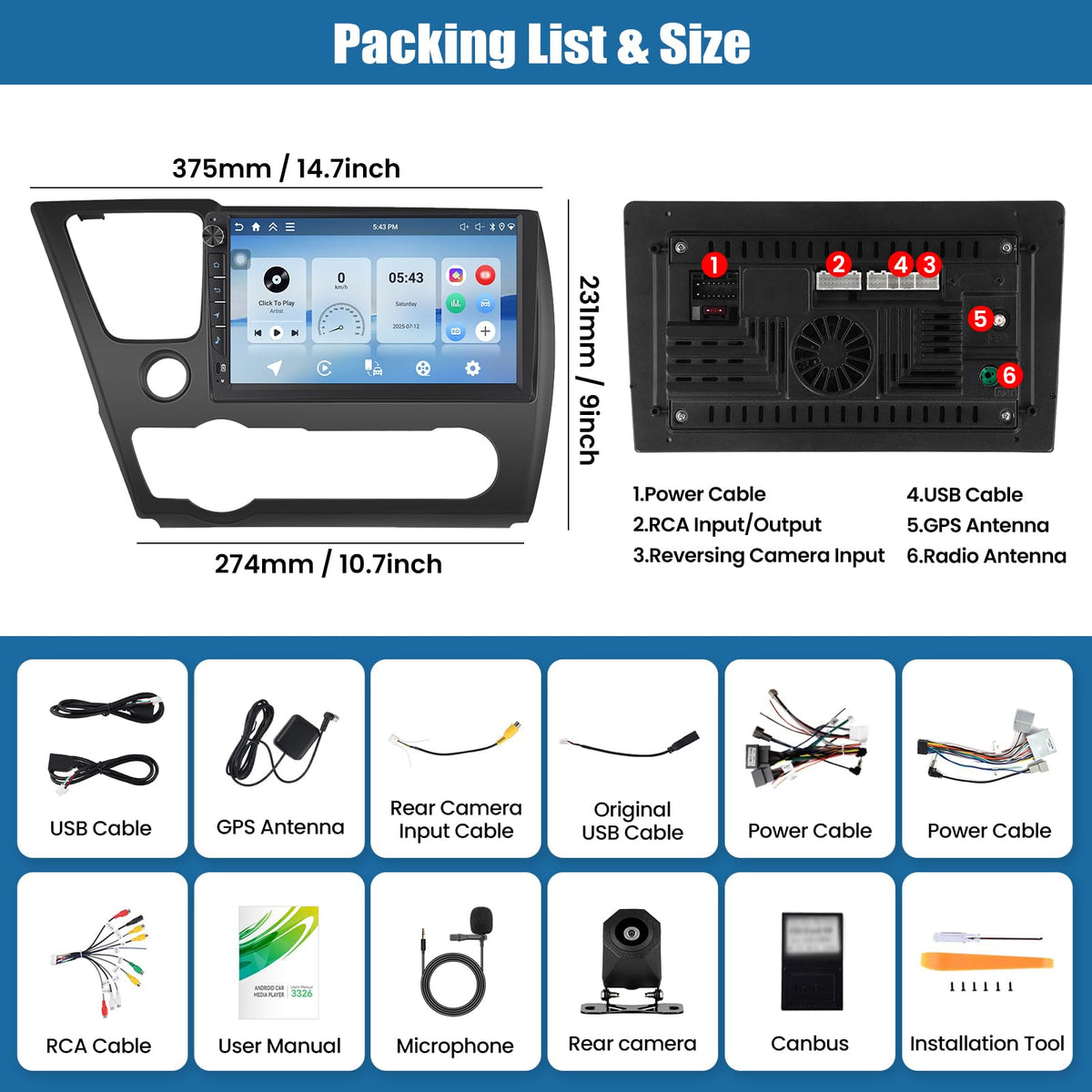 SIXTOP 4G+64G Android Car Stereo Radio for Honda Civic 2013-2017 Wireless CarPlay Android Auto Bluetooth 5.0 GPS 9 Inch HD Touch Screen WiFi FM/RDS Type-C 32EQ SWC AHD Backup Camera