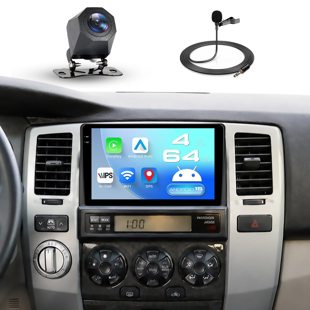 4GB+64GB Android 15 Car Stereo for Toyota 4runner 2002-2009, 9-Inch 1280x720 in-Cell Touchscreen with Wireless CarPlay Android Auto, FM/RDS Radio, Bluetooth, 5G WiFi, Factory Steering Wheel Controls