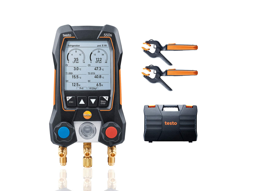 testo 550s AC Manifold Gauge Set – Manifold Gauges HVAC – Incl. 2 Wired Temperature Clamp Probes – Recharge Kit with Superheat, Subcooling For AC, Refrigeration & Heat Pumps – Bluetooth