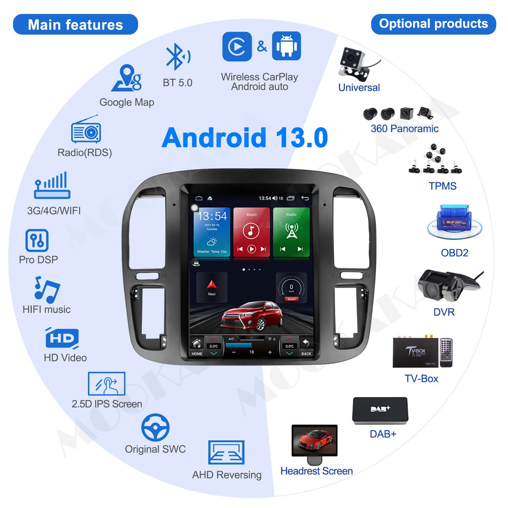 Android 13 Car Stereo GPS Navigation for Toyota Land Cruiser LC100 1998-2002/for Lexus LX470 Radio Replacement Tesla Style Dash IPS Touch Screen Head Unit Multimedia Player Carplay DSP (4-64GB)