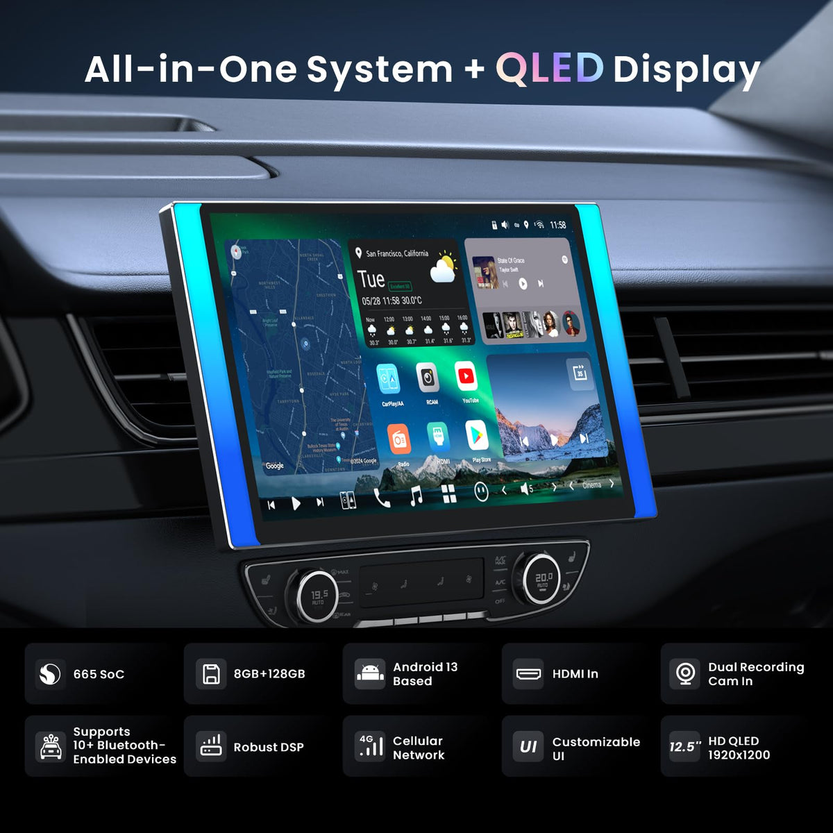 X10 12.5" QLED Android Car Stereo, 8GB+128GB, Wireless CarPlay&Android Auto