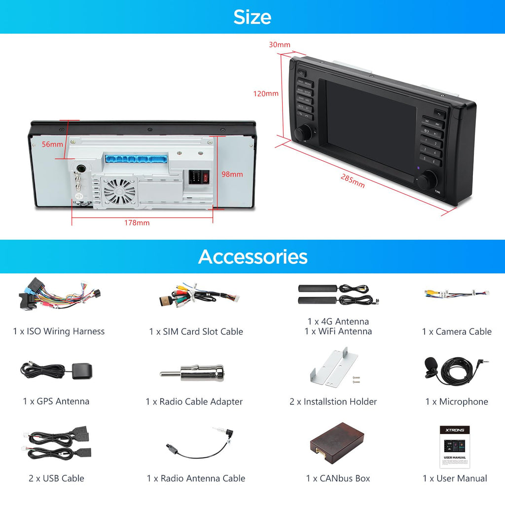 XTRONS 7 Inch Android 14 Car Stereo for BMW E39 M5 1999-2003 E39 1995-2003, Touch Screen 4+64GB Car Bluetooth Head Unit Global 4G LTE Car Radio GPS Navigation Support Wireless Car Play Android Auto