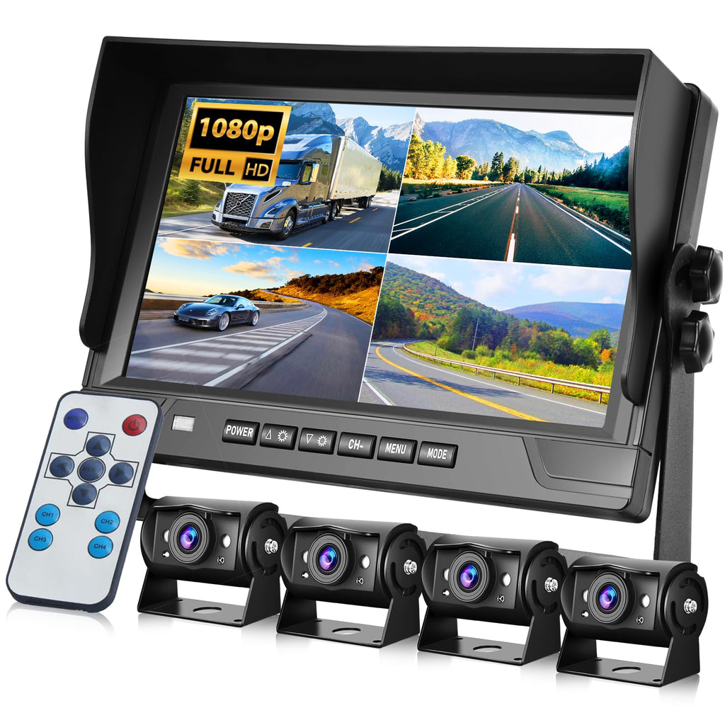 4 Channel 9 inch IPS Backup Camera System with Monitor for Tracks, RVs, Tractors, Bus, CementTruck, HD 1080P Wired Reverse Camera Waterproof Night Vision 4 Cameras Support Recording, Plug and Play