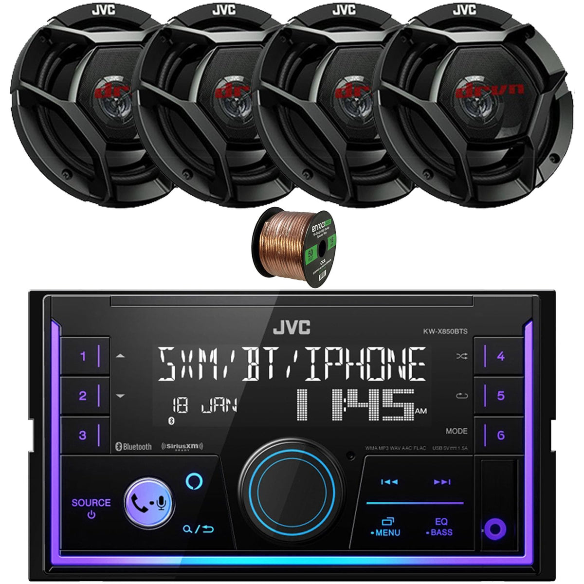 JVC in-Dash Double DIN USB/AUX Bluetooth AM/FM Stereo Digital Media Car Radio Receiver, 4X 6x8 300 Watt Max Power 2-Way Vehicle Audio Speakers, 16 Gauge 50 ft Speaker Wire