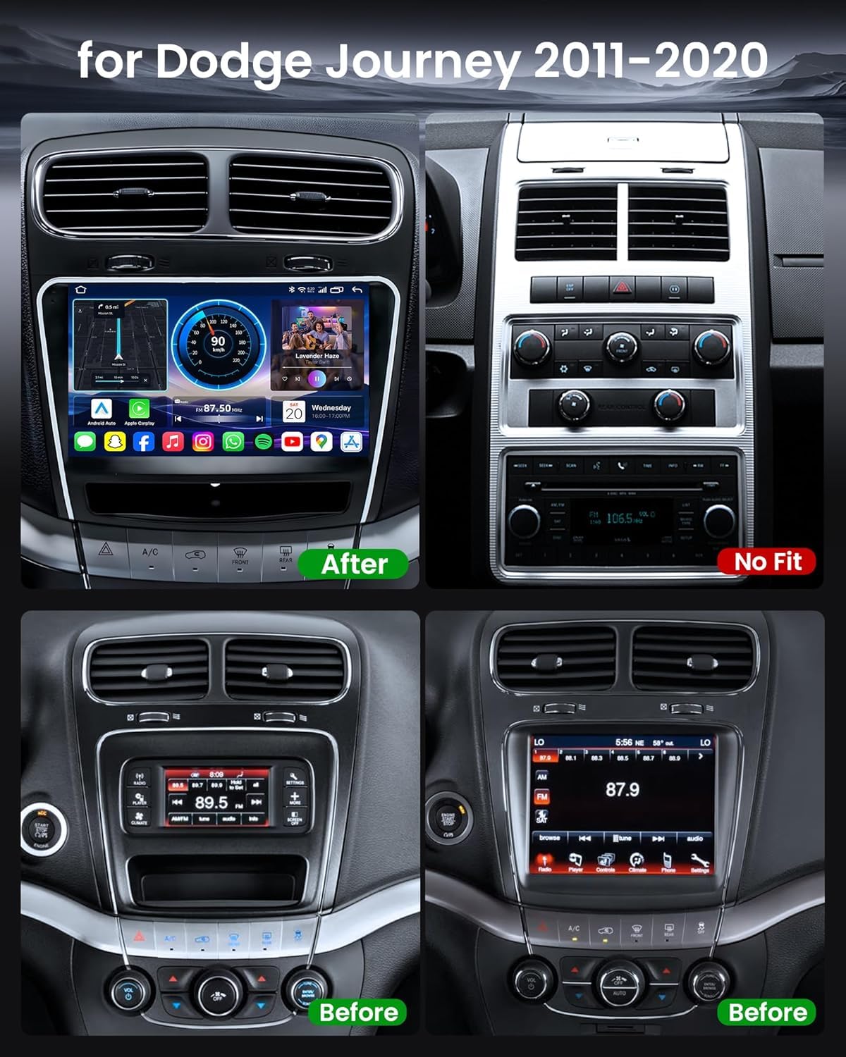 [12Core 6G+128G] Car Radio for Dodge Journey 2011-2019: 9" HD Touchscreen Stereo with Wireless CarPlay & Android Auto Mirror Link Split Screen BT5.0 5GWiFi GPS FM AM DSP SWC, Free Backup Camera