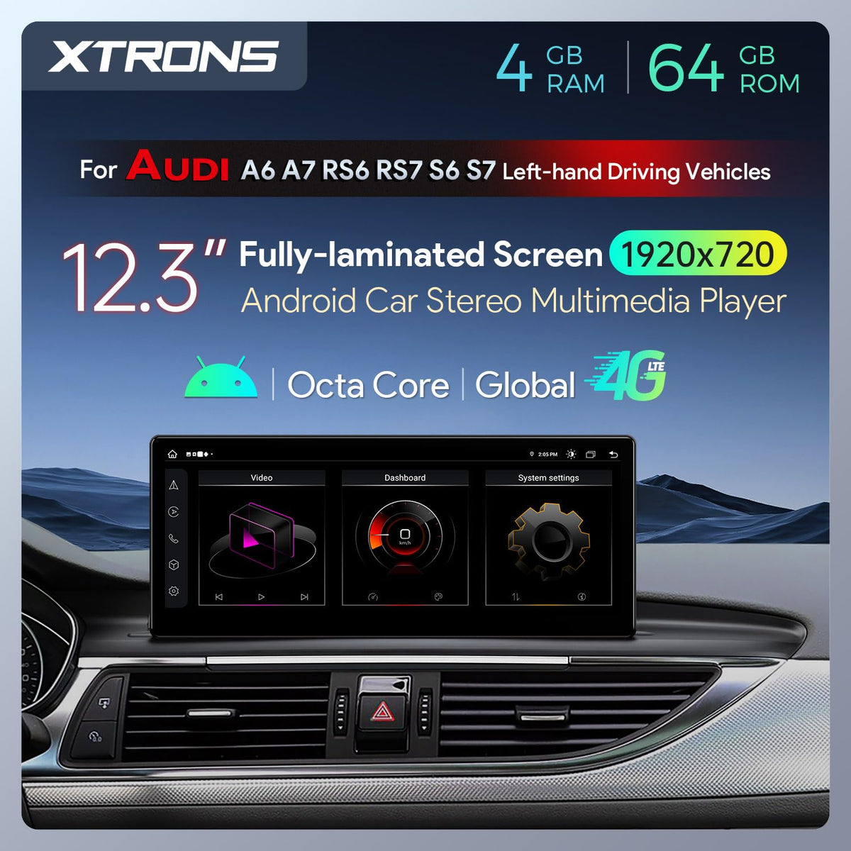 XTRONS 12.3 Inch Android 13 Car Stereo for Audi A6 A7 RS6 RS7 S6 S7 C7 (2012-2015) MMI 3G/3G+ System, IPS Touch Screen 4+64GB Global 4G Car Radio GPS Navigation Support Wireless CarPlay Android Auto