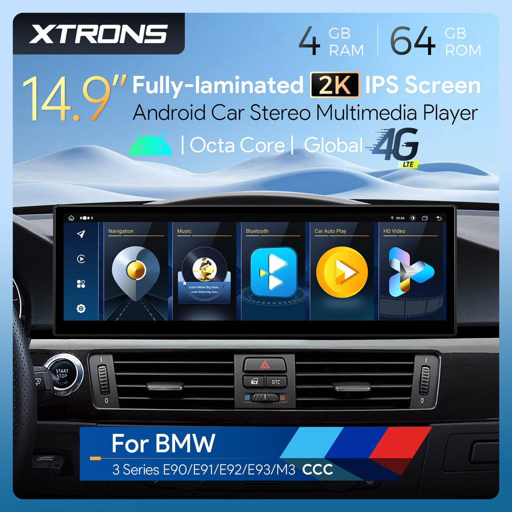 XTRONS 14.9 Inch Android 14 Car Stereo for BMW E90 E91 E92 E93 (2004-2008) CCC System, 2K IPS Touch Screen 4+64GB Global 4G Car Radio GPS Navigation Support Wireless Car Play Android Auto