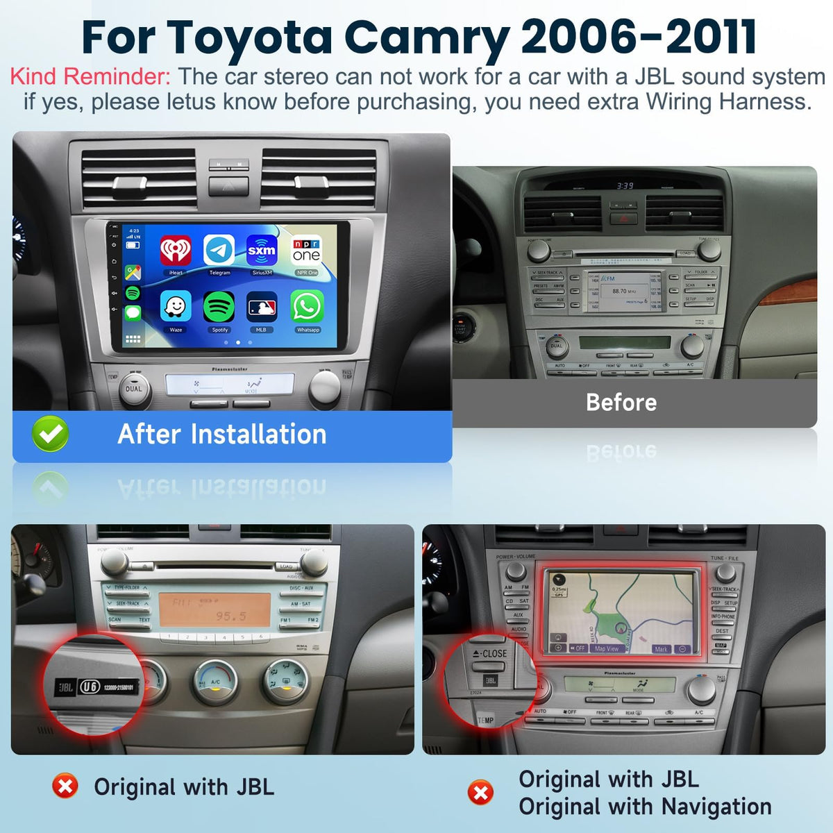 8 CORE 6G+128G Android 13 Car Stereo for Toyota Camry 2006 2007 2008 2009 2011 with Wireless Carplay Android Auto, 9 Inch Touch Screen Car Radio GPS/WiFi/Bluetooth/32-Band DSP/USB/SWC+HD Backup Camera