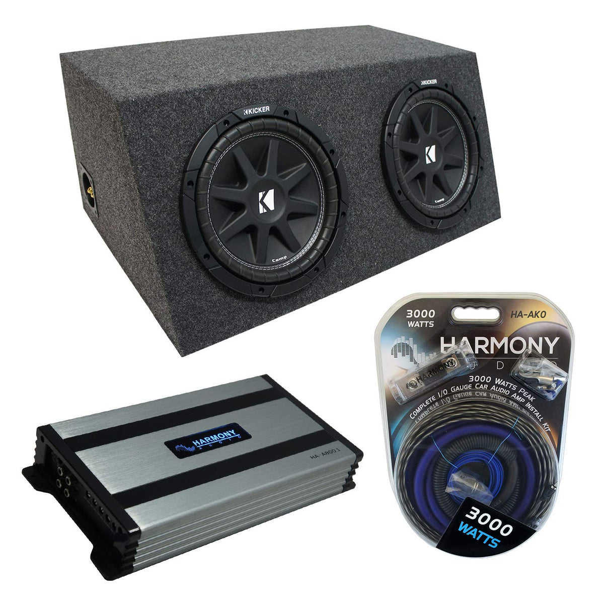 Kicker Comp C12 Sealed Hatchback Dual 12" Sub Box and HA-A800.1 Amplifier