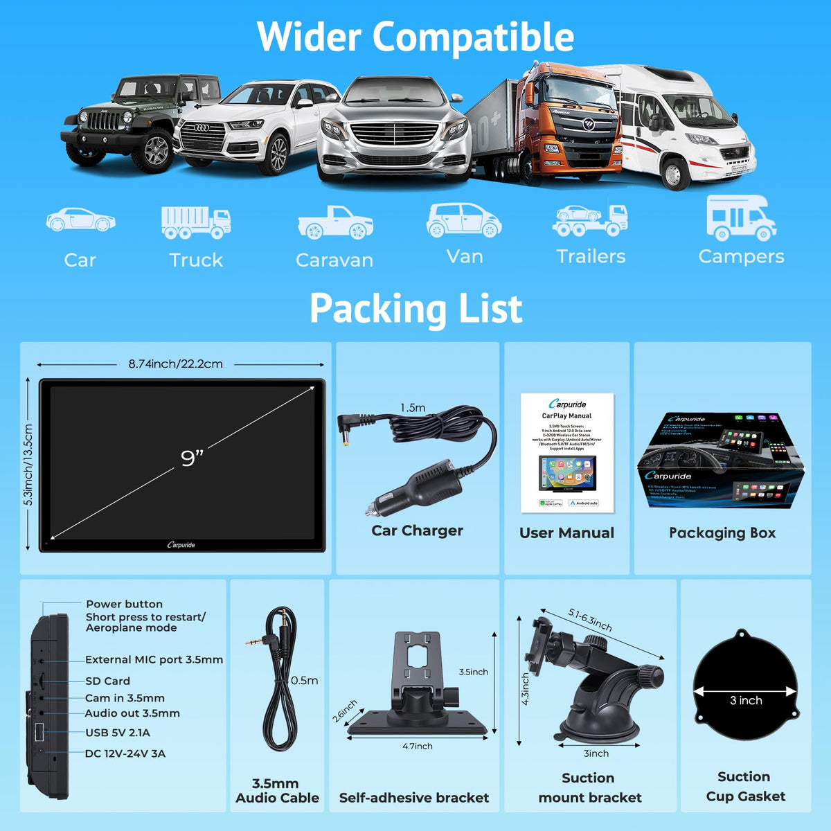 CARPURIDE 9" W901 Plus, Wireless CarPlay & Android Auto & Android 12.0