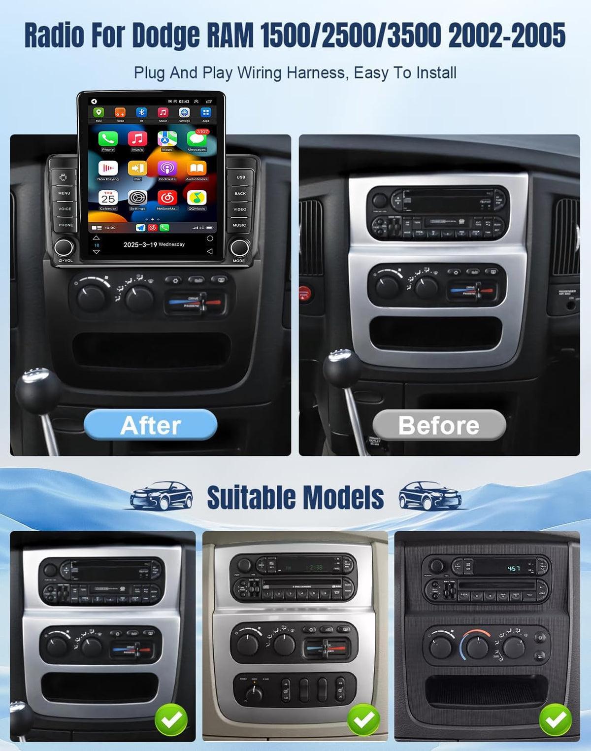4GB+64GB Car Stereo 8 core Android 15.0 Radio for 2002-2005 Dodge RAM Truck 1500 2500 3500 GPS Navigation 9.7 Inch Multimedia Video Player FM BT Receiver with 4G 5G WiFi Carplay Android Auto