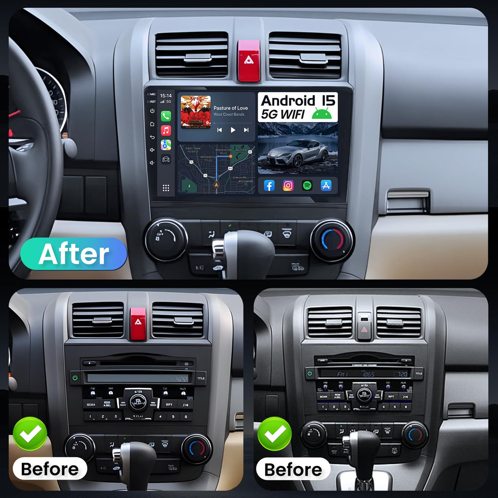 Upgrade 8 Core 4G+64G Car Radio Stereo for Honda CRV 2007-2011:9" 1280 * 800 HD Touch Screen Head Unit, Wireless Carplay Android Auto 5G WiFi Bluetooth AM FM GPS Backup Camera SWC